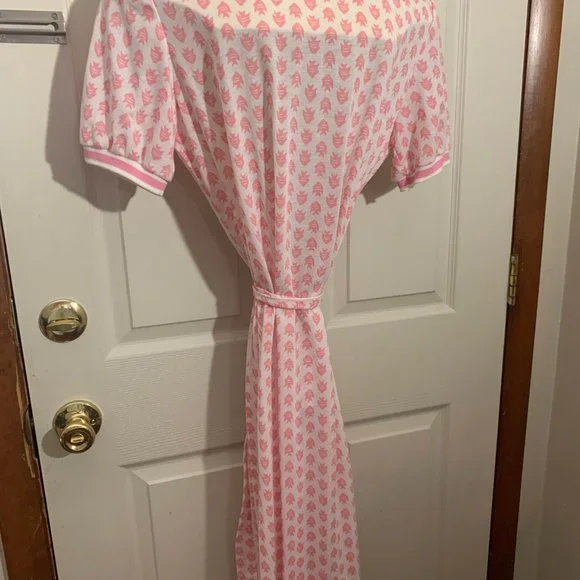 Vintage 1970s Shirt Dress Size Large Pink Fish Pattern Mid Calf Tie Waist - Picture 8 of 8
